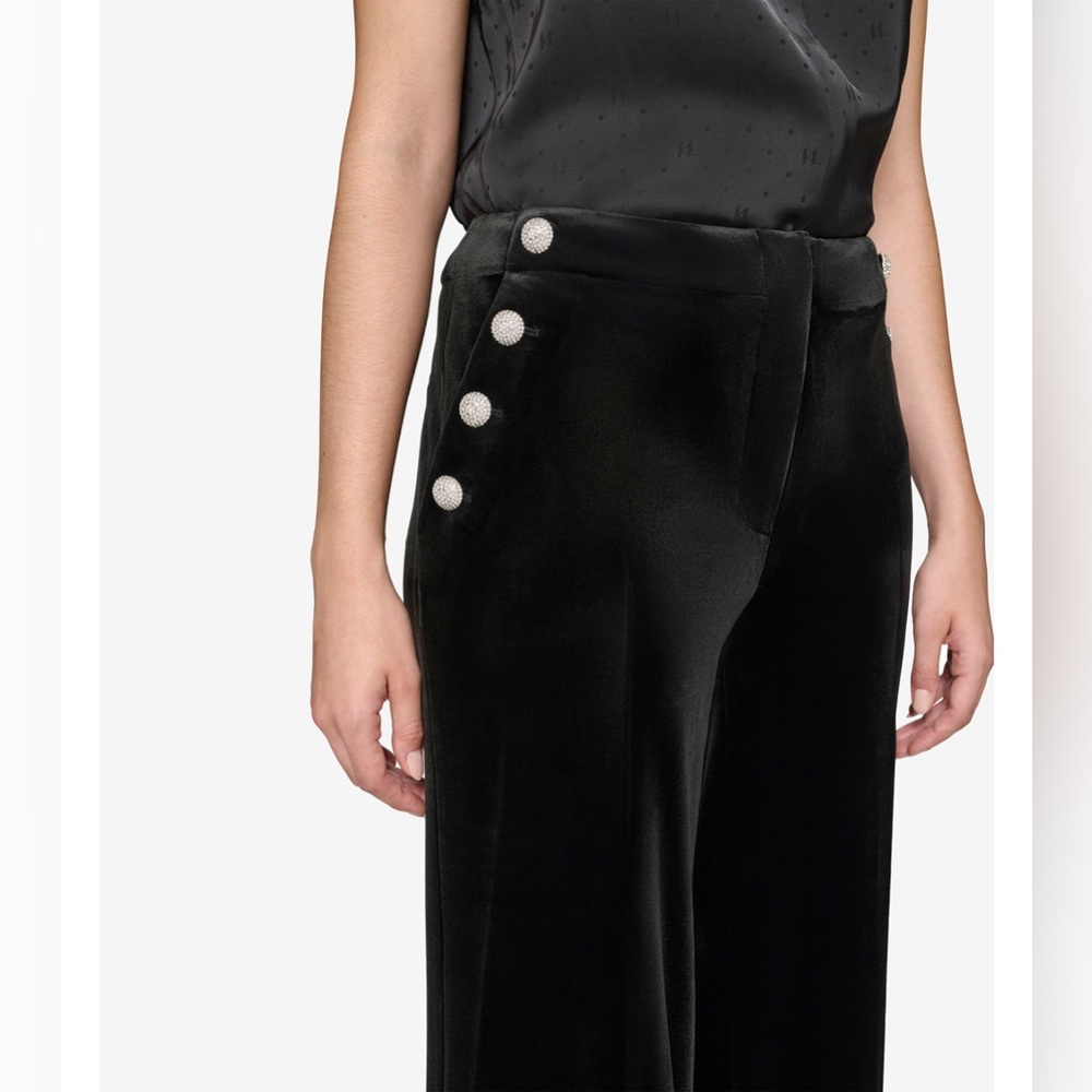 Karl Lagerfeld Velvet Pants Women's Size 12 Black Wide Leg Rhinestone Detail. - Picture 4 of 13
